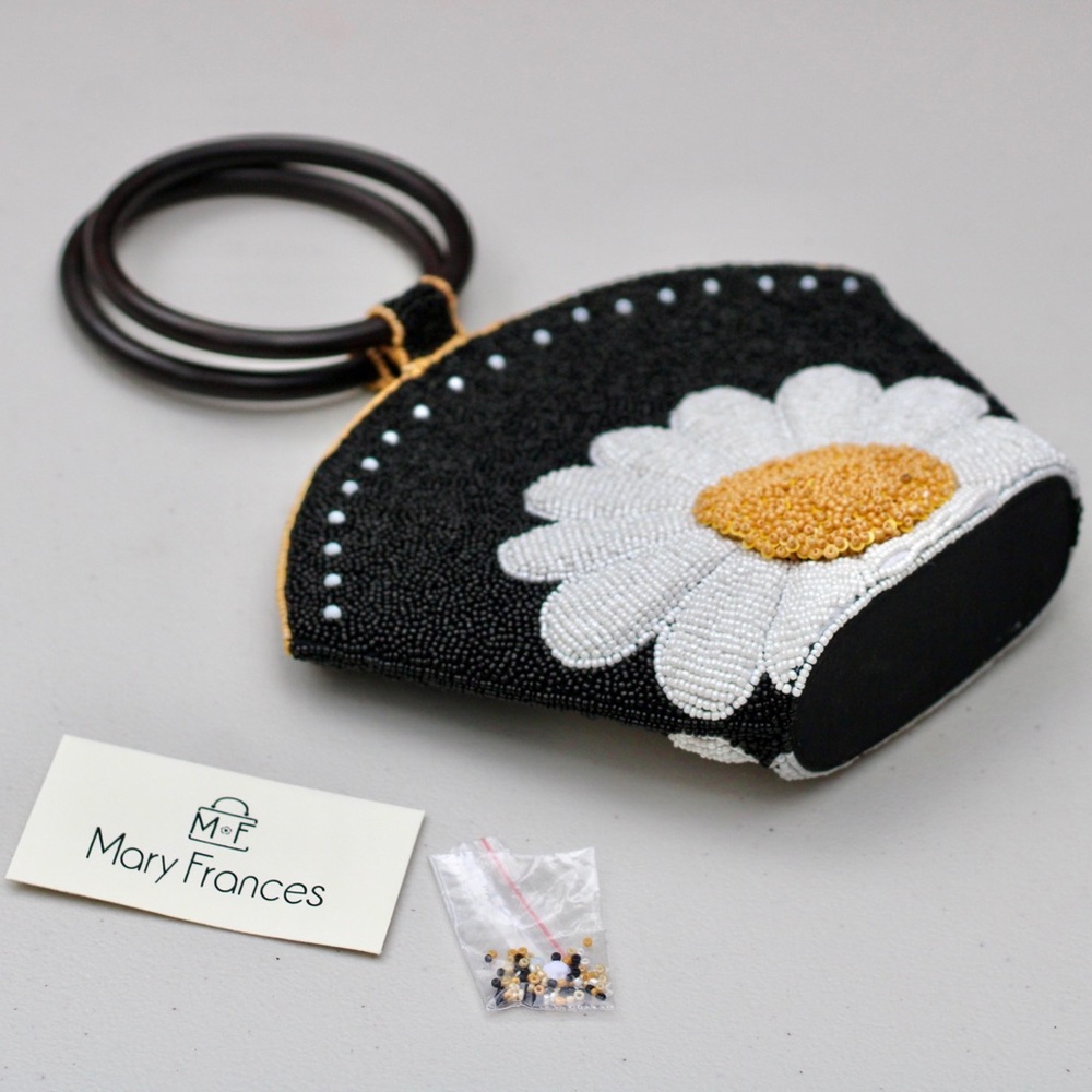 Beaded Mary Frances Floral Daisy Black and White Top Handle Bag